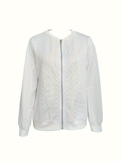 Textured Zip-Up Bomber Jacket - Casual Solid Long Sleeve Outerwear, Women's Clothing