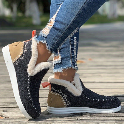 Cozy Winter Warmth Shoes - Plush Lined, Thermal Insulation, Slip-On Round Toe Outdoor Walking Shoes for Cold Weather