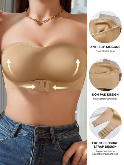 Front Buckle Strapless Bra: Wireless Non-Padded Bandeau Bra for Women, Lingerie and Underwear