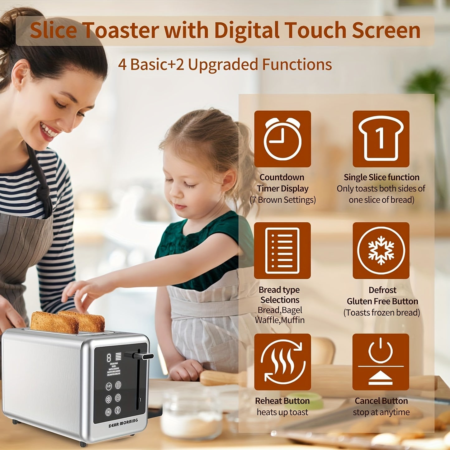 1.5 Inch 2-Slice Smart Digital Toaster - Touch Screen, 5 Bread Selections, 7 Shade Settings, Bagel/Defrost/Cancel/Reheat Functions, Removable Crumb Tray, Stainless Steel