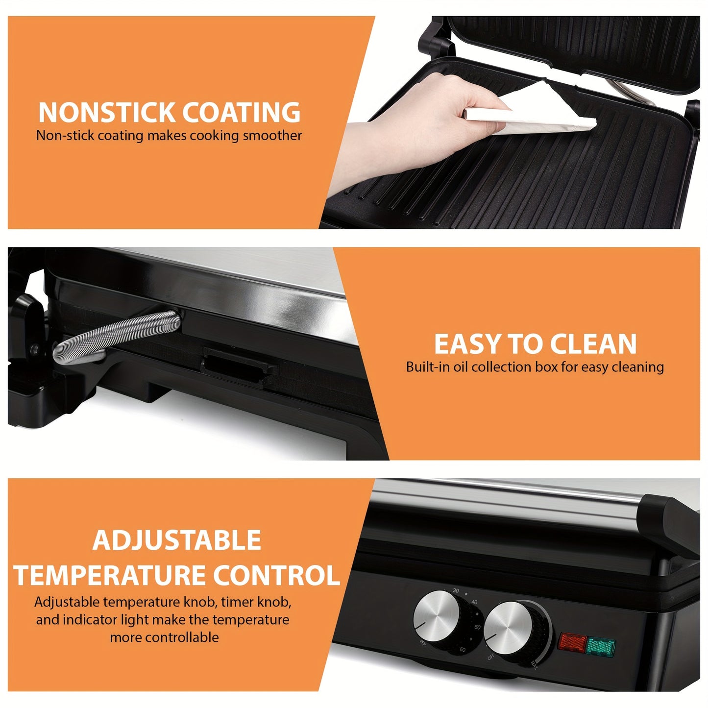 180-Degree 3-in-1 Electric Indoor Grill and Panini Press - Non-Stick Cooking Plates, Floating Hinge, Grease Tray