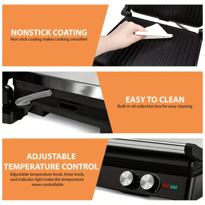 180-Degree 3-in-1 Electric Indoor Grill and Panini Press - Non-Stick Cooking Plates, Floating Hinge, Grease Tray