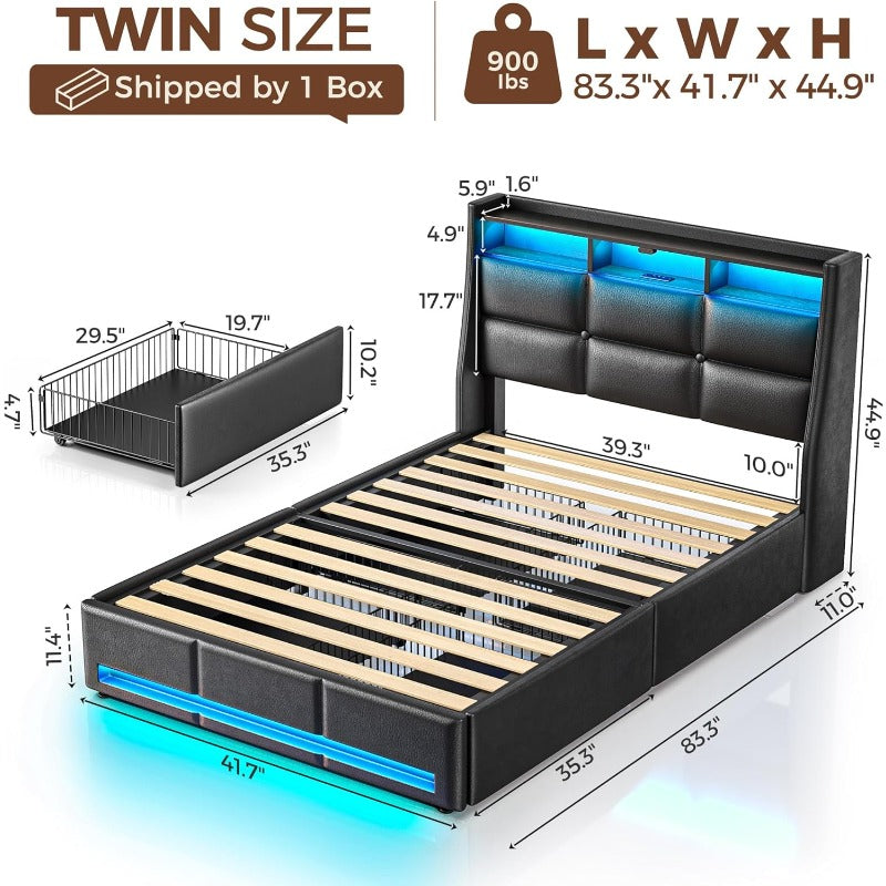 Twin Full Queen Bed Frame with LED Lighting and Charging Station - PU Leather/Neutral Linen Storage Headboard, Drawers, Heavy Duty Wood Slats, Easy Assembly - Modern Bedroom Furniture Upgrade