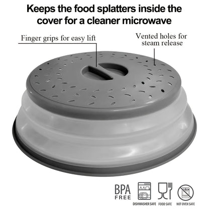 Collapsible Microwave Food Cover – 10.5 Inch Round, BPA-Free TPR with Handle, Steam Vent & Strainer for Plate Protection (Grey)