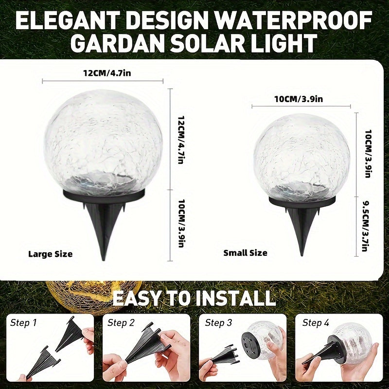 2pc Garden Light Set – Cracked Solar Glass Globe LED, Waterproof Outdoor Decorative Lights for Patio, Lawn, and Garden