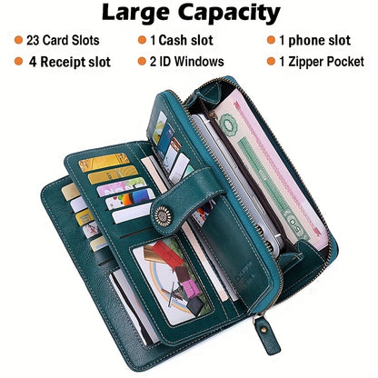 RFID Large Capacity Women's Wallet - Retro Style, Multi-Card, Solid Color with Zipper and Wrist Strap