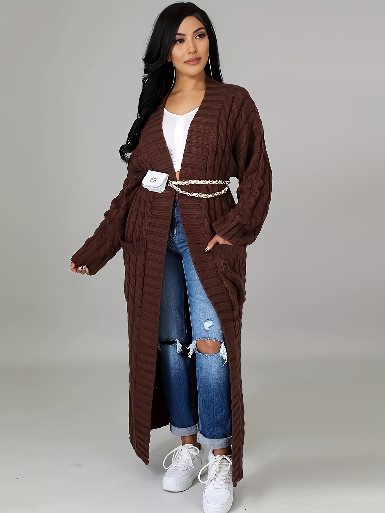Long Length Cable Knit Cardigan – Elegant Solid Long Sleeve Sweater with Pockets – Women's Clothing