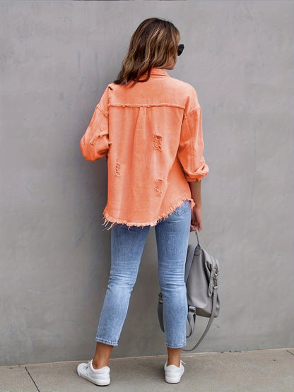 Women's Plus-Size Denim Blazer with Distressed Holes