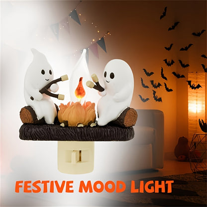 Halloween Ghost Campfire Flickering Night Light – 3D LED Faux Campfire Nightlight for Indoor Decorations, Perfect for Family and Friends