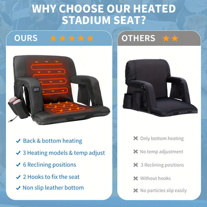 LILYPELLE ComfortPlus Stadium Seat - Double Heated, 6 Reclining Positions, Portable Bleacher Seat with Back and Arm Support for Sports Events, Travel, Hiking, Camping, and Outdoor Activities