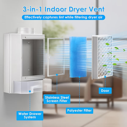 4 Piece 3-in-1 Indoor Dryer Vent Kit - Stainless Steel and Polyester Filters, Water Drawer System, Upgrade Safety Vent Flap - Essential Washer Parts and Accessories for Electric Dryers