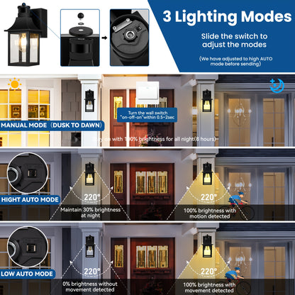 Smart Porch Lights Pro – Dusk to Dawn Motion Sensor Outdoor Lights with GFCI Outlet, 3 Lighting Modes – Waterproof, Energy-Efficient Exterior Wall Sconce for House, Patio, Garage