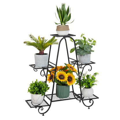 6 Tier Metal Plant Stand - Space-Saving Multi-Plant Display Rack - Sturdy Black Flower Pot Holder for Home and Patio Decor