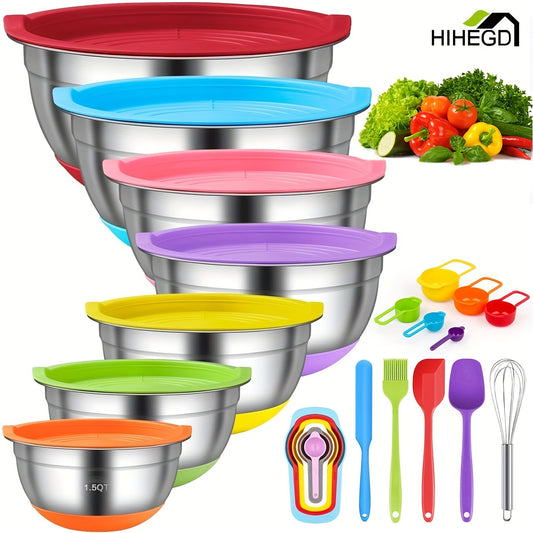 18 Piece Stainless Steel Nesting Mixing Bowls Set – Airtight Lids, Non-Slip Silicone Bottom, Colorful, Durable, Easy to Store, Ideal for Mixing, Serving, and Storing