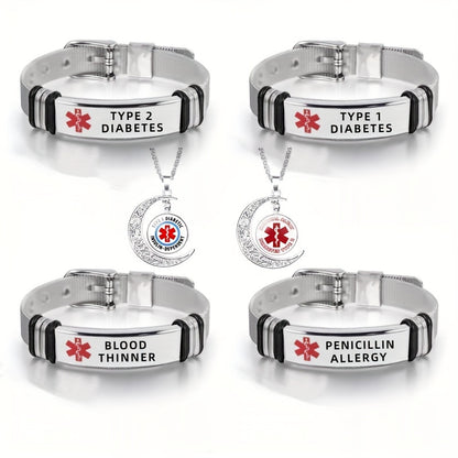 Medical Jewelry Bracelet & Necklace Set – 3 Piece Stainless Steel ID Jewelry for Diabetes, Penicillin Allergy, Asthma & Blood Thinner Awareness with Star of Life Symbol
