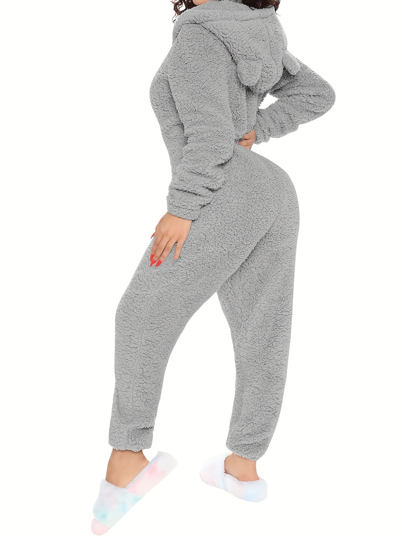 Fuzzy Hooded Pajama Jumpsuit for Music Festivals – Comfy and Cute Long Sleeve Zipper Pajamas – Women's Lingerie and Sleepwear