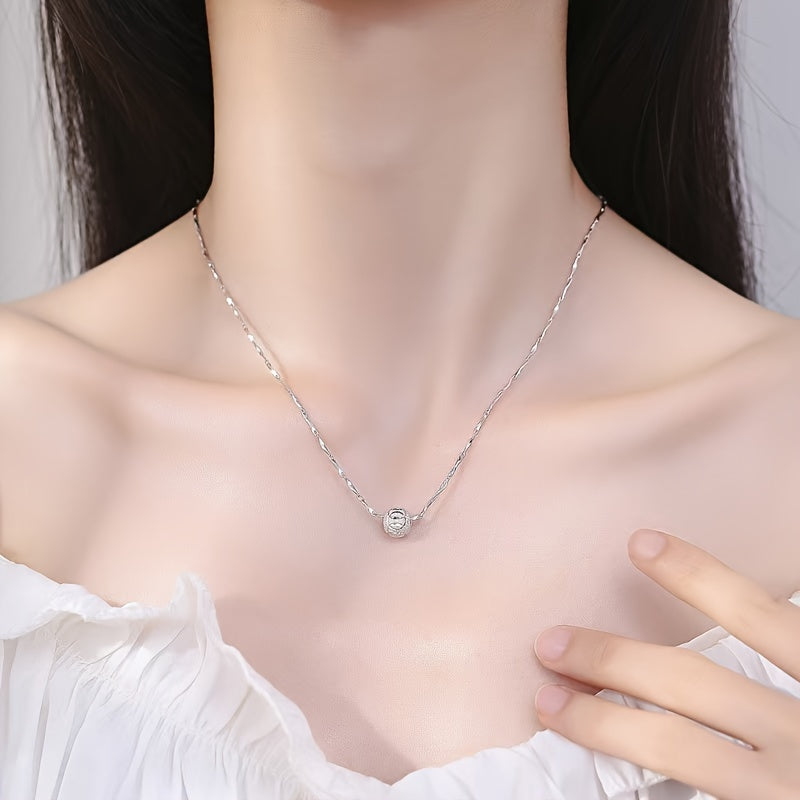 925 Sterling Silver Necklace - Lucky Bead Pendant, Hypoallergenic Collarbone Chain, Shiny Silver Jewelry for Elegant Daily Wear & Gift Giving