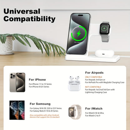 3 in 1 Fast Foldable Portable Wireless Charger - Compatible with iPhone 15/14 Pro Max/13/12/11, iWatch 9/8/7/6/5/4/3/2 SE , AirPods and Samsung Galaxy Devices S23/S22/S21/S20, Ideal for Multiple Device Charging