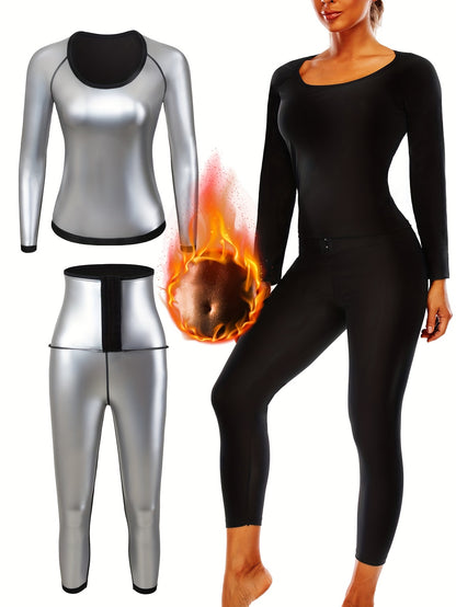 Women's Sauna Sweat Suit Set – Heat-Trapping Long Sleeve Shirt and Leggings, High Waist Fitness Yoga Gear for Fall and Winter