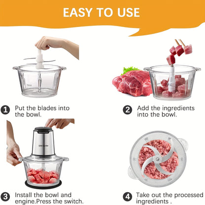 2 Bowl Electric Food Processor with Meat Grinder - 8 Cup Capacity, 4 Sharp Blades for Fruits, Vegetables, Nuts & Baby Food, 2-Speed Settings
