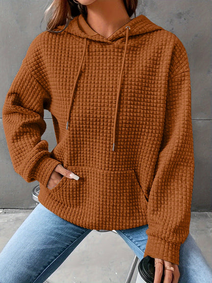 Plus Size Casual Hooded Sweatshirt for Women – Solid Waffle Pattern, Long Sleeve, with Drawstring and Pockets