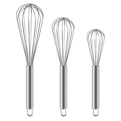 3pcs Stainless Steel Egg Whisk Set - 3 Sizes for Cooking, Baking, and Kitchen Use