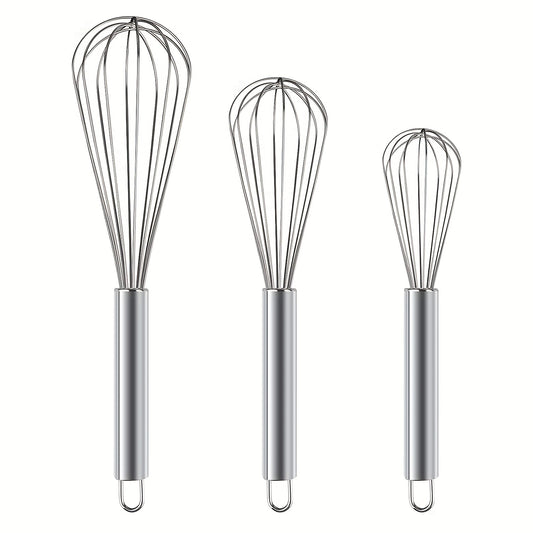 3pcs Stainless Steel Egg Whisk Set - 3 Sizes for Cooking, Baking, and Kitchen Use