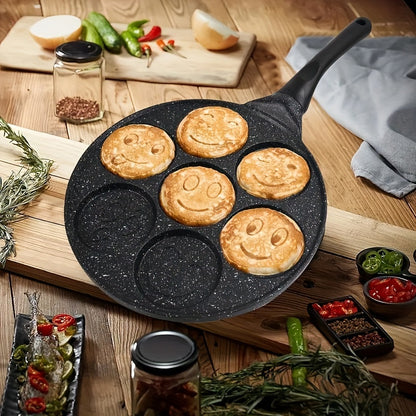 Nonstick Pancake Pan with 7 Happy Face Molds - 7-Cup Blini Maker with Heat-Resistant Handle - Easy-to-Clean Fun Breakfast Pan
