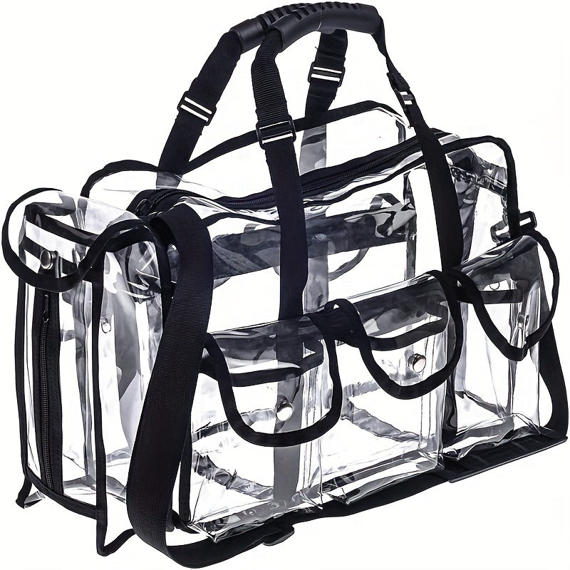 Professional Large Capacity Transparent PVC Makeup Organizer – Waterproof Cosmetic Bag with 6 Pockets and Adjustable Shoulder Strap, Travel-Friendly for MUA and Artists