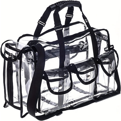 Professional Large Capacity Transparent PVC Makeup Organizer – Waterproof Cosmetic Bag with 6 Pockets and Adjustable Shoulder Strap, Travel-Friendly for MUA and Artists