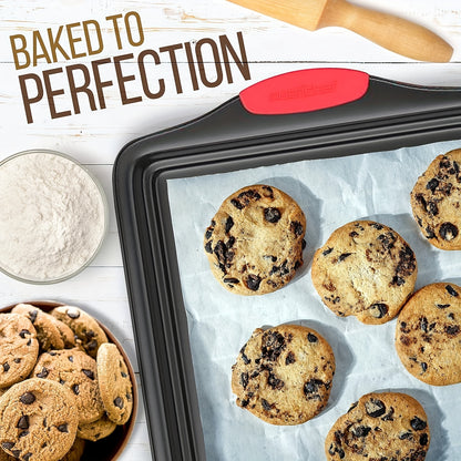 3 Pack Oven Baking Tray - Carbon Steel Non-Stick Kitchen Trays with Red Silicone Handles - Luxurious, Commercial-Grade Quality