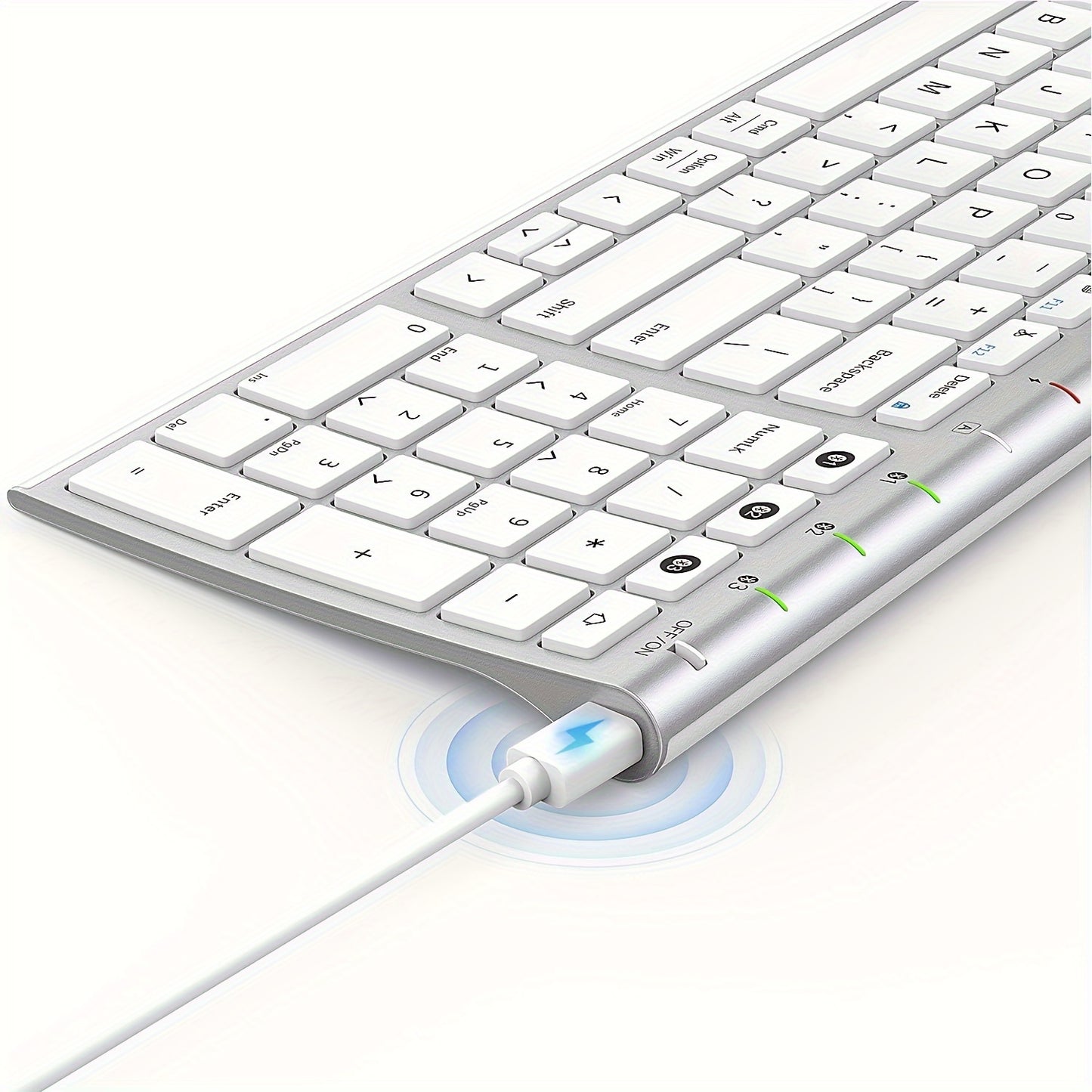 Multi-Device BT Keyboard - Slim, Rechargeable Wireless Keyboard with Number Pad, Switches Between 3 Devices, Compatible with Mac/iPad/Android/Windows - White and Silver
