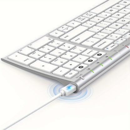 Multi-Device BT Keyboard - Slim, Rechargeable Wireless Keyboard with Number Pad, Switches Between 3 Devices, Compatible with Mac/iPad/Android/Windows - White and Silver