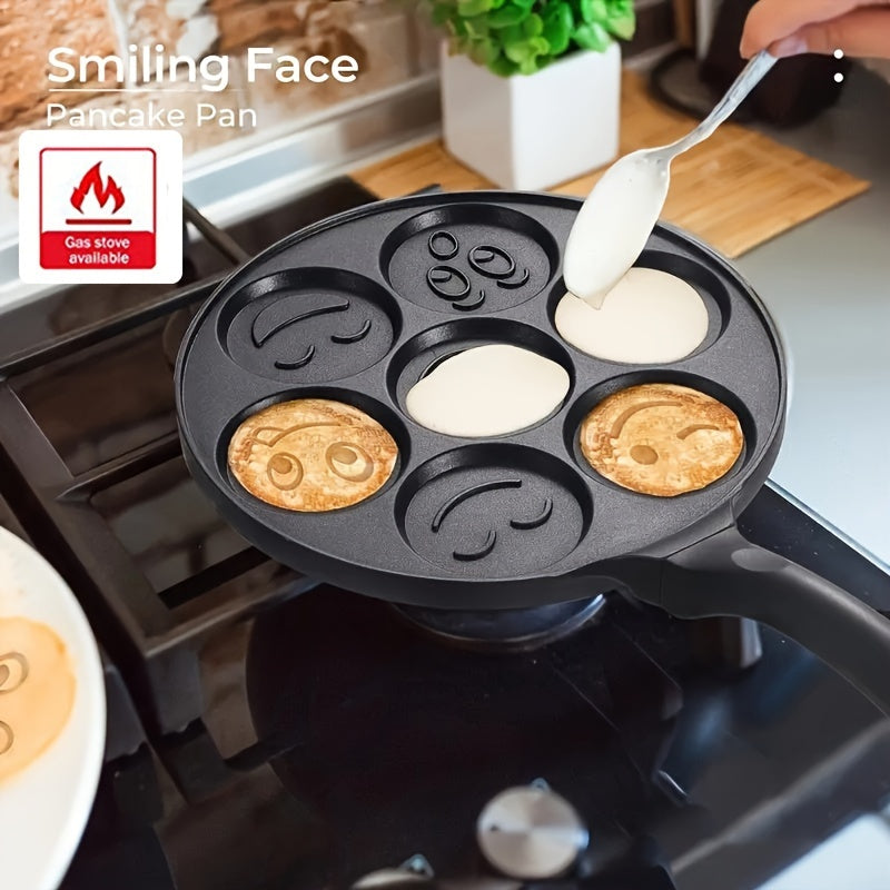 Nonstick Pancake Pan with 7 Happy Face Molds - 7-Cup Blini Maker with Heat-Resistant Handle - Easy-to-Clean Fun Breakfast Pan