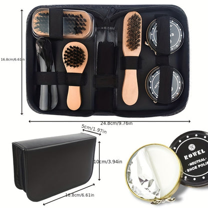 8 Piece Premium Shoe Shine Kit – Faux Fur Brushes, Black PU Case, Shoe Polish Set for Boots & Shoes, Non-Washable with Natural Wax for High Gloss Shine