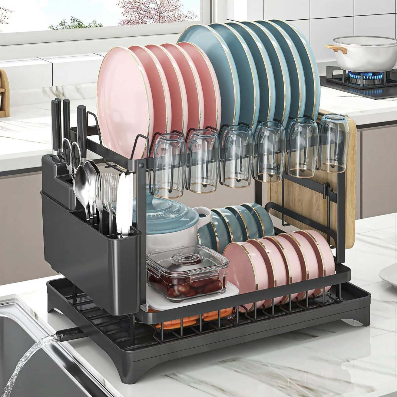 Pink Dish Rack – Snap-On Kitchen Storage Organizer for Bowls & Plates, No-Drill Installation