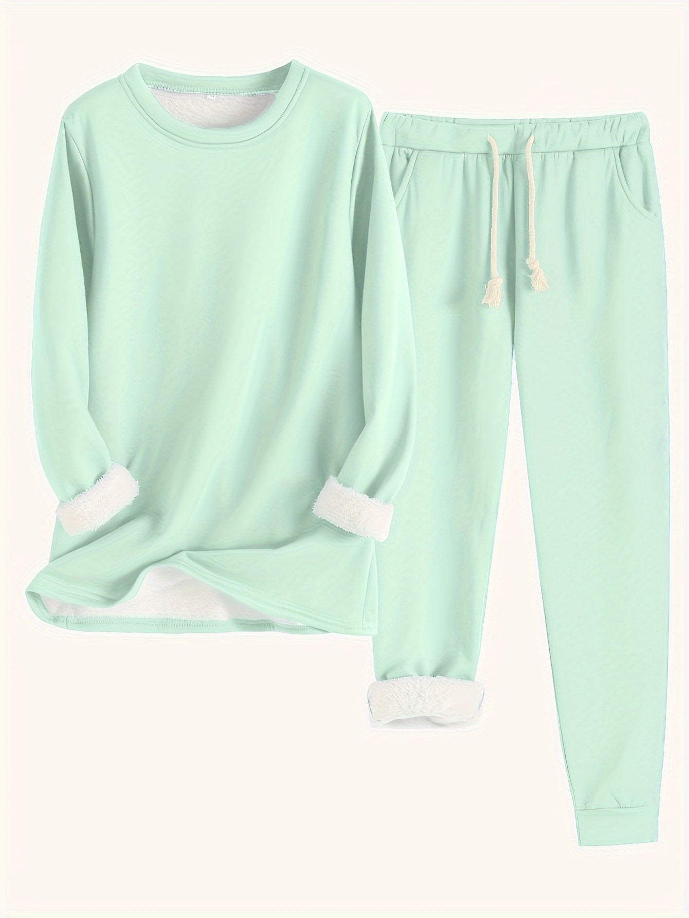 Women's Solid Color Thermal Set – Long Sleeve Sweatshirt & Drawstring Pants Outfit
