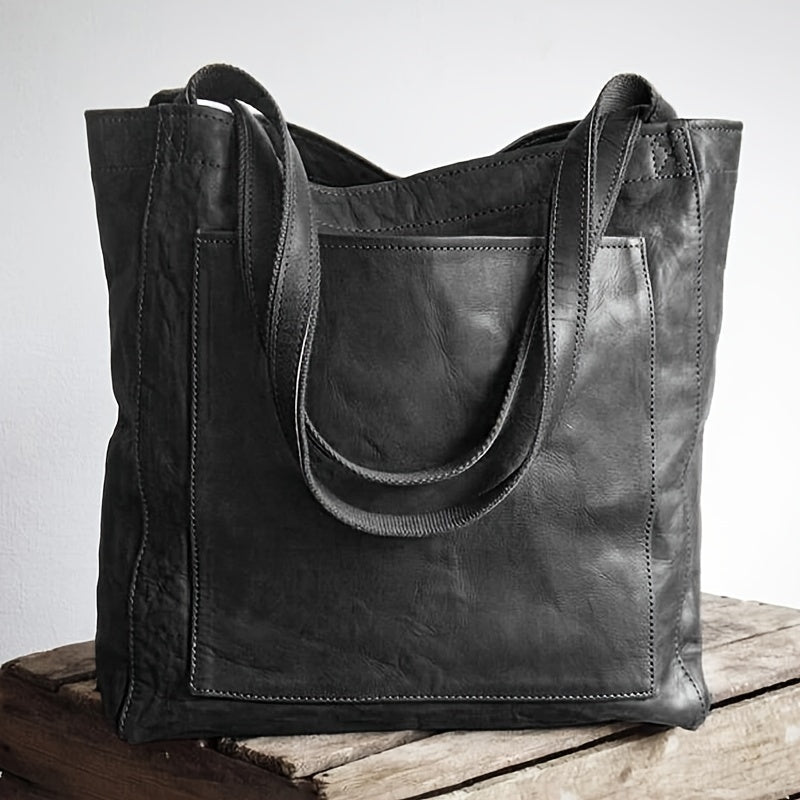 Retro Solid Color Tote Bag – Oil Leather PU Shoulder Bag, Multi-Pocket Handbag for Daily Use