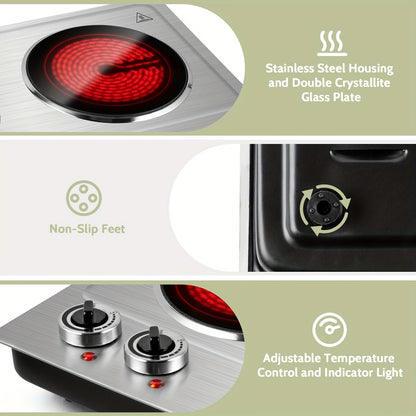 1800W Cusimax Infrared Ceramic Electric Hot Plate - Portable Stainless Steel Countertop Burner with Dual Knob Control - Easy to Clean, Upgraded Version