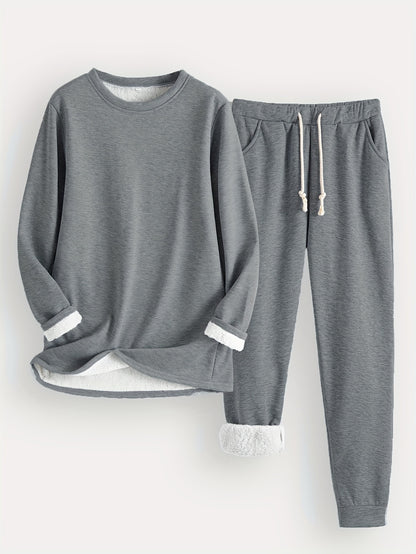 Women's Solid Color Thermal Set – Long Sleeve Sweatshirt & Drawstring Pants Outfit
