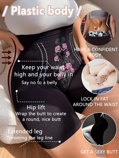 Women's Plus Size Elegant Shapewear Shorts - Floral Print High Waist Tummy Control Compression Slimming Shorts