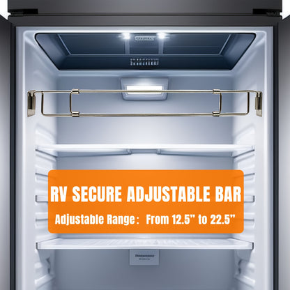Adjustable RV Refrigerator Secure Bar – Stainless Steel Camper Fridge Barrier, 12.5"-22.5" Wide, Keeps Storage from Falling, Easy Installation, Durable