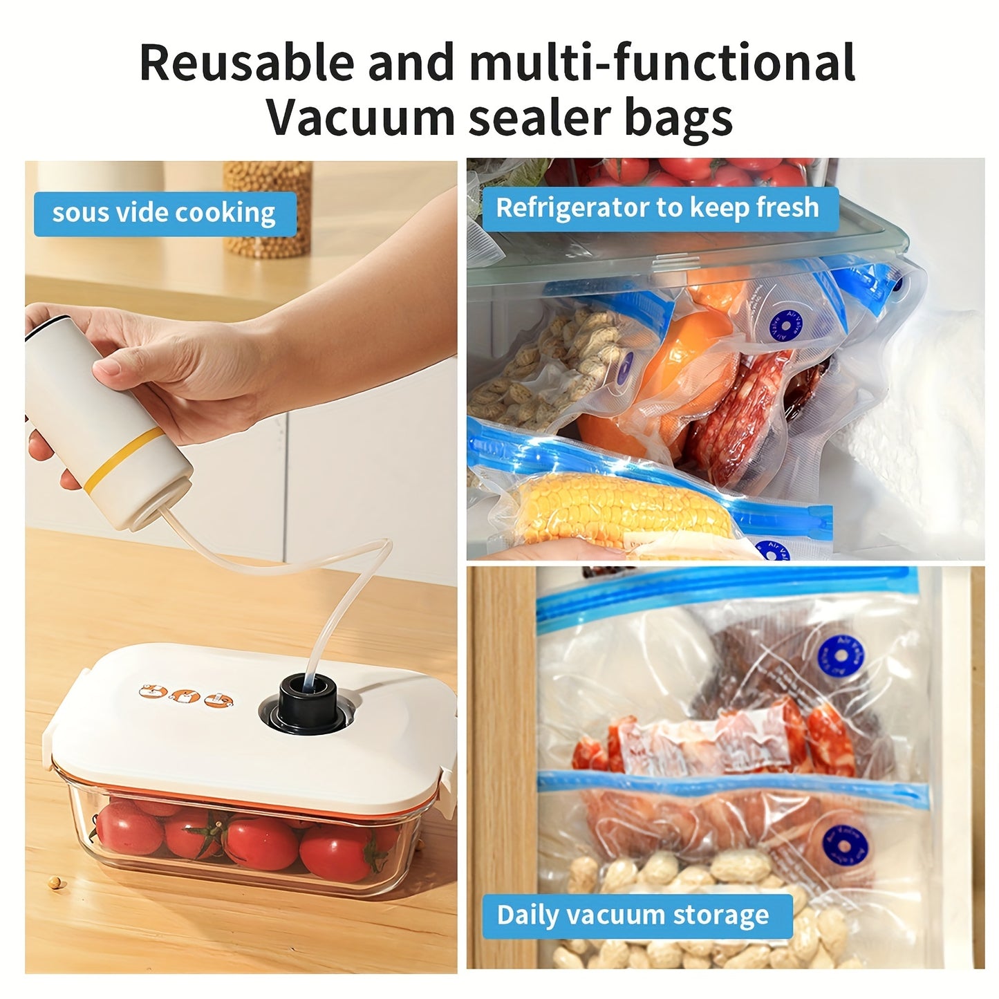 Handheld Electric Vacuum Machine with Food Vacuum Storage Bags – Includes 3 Sizes (4x8.5", 3x11", 3x13.5"), Vacuum-Sealed Zipper Bags, and Electric Pump