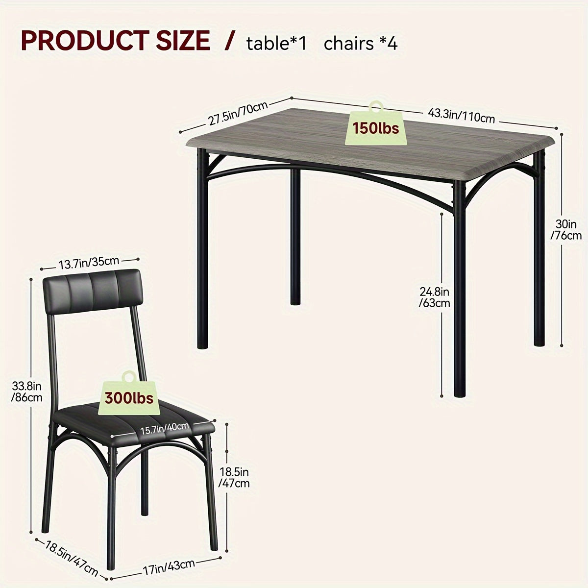 5 Piece Rectangular Dining Table Set with Upholstered Chairs for 4 - Modern Counter Height Dining Table and Chairs for Kitchen, Breakfast Nook, or Small Space - Brown