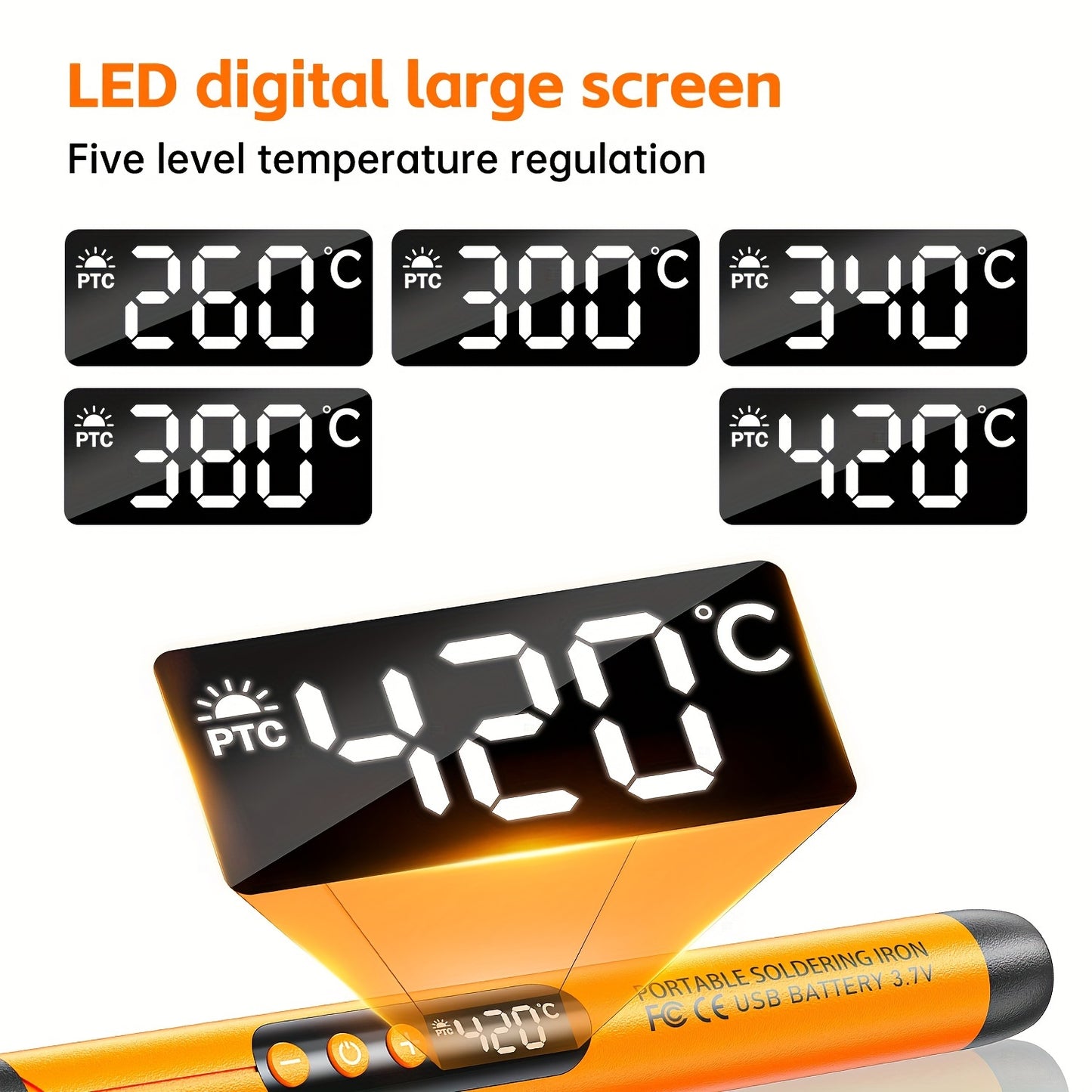 Mini Cordless Soldering Iron Kit - USB Rechargeable with Digital Display, 3 Temperature Settings, for Jewelry Crafting and DIY Projects - Orange and Dark Grey