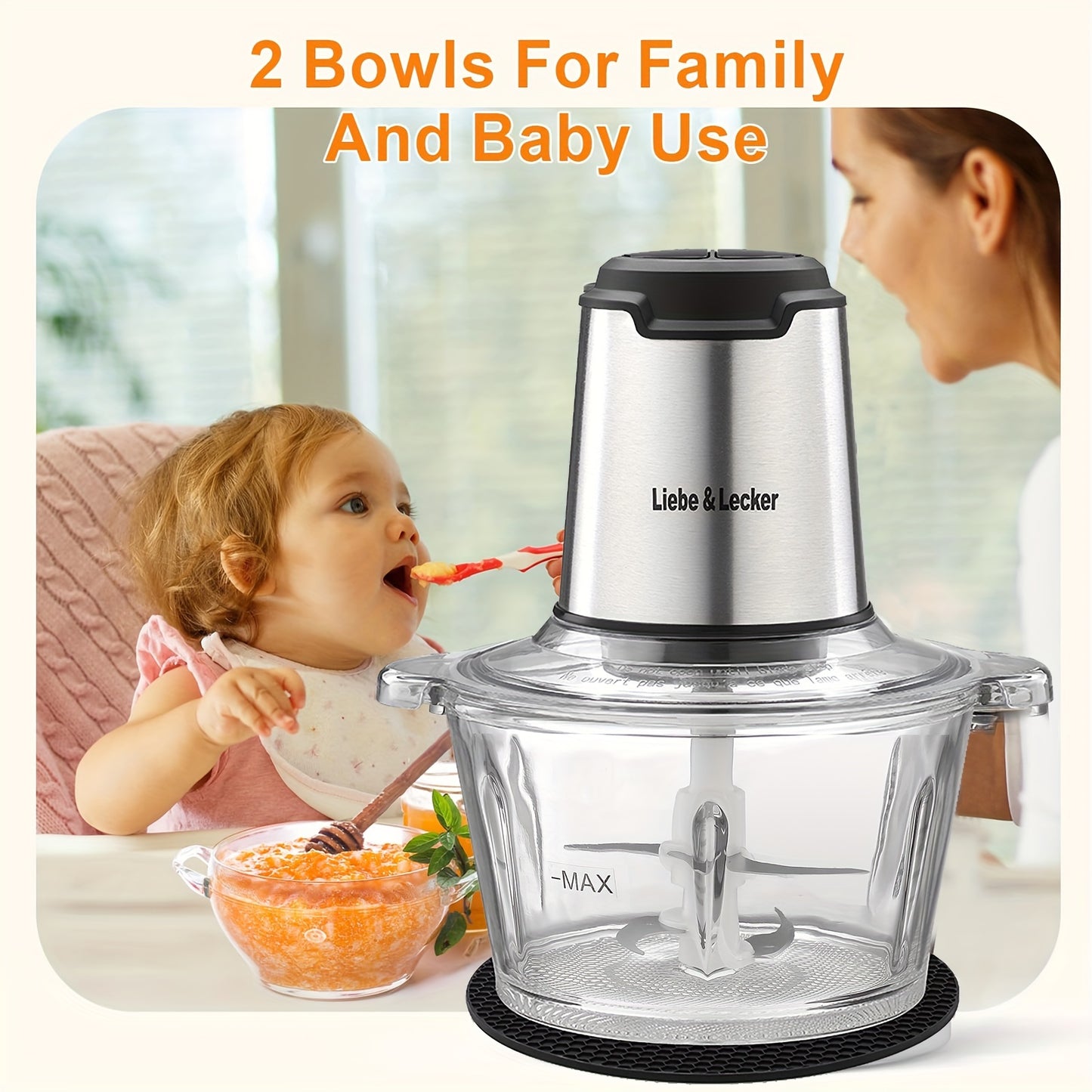2 Bowl Electric Food Processor with Meat Grinder - 8 Cup Capacity, 4 Sharp Blades for Fruits, Vegetables, Nuts & Baby Food, 2-Speed Settings
