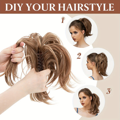 Claw Clip Messy Bun Hair Piece - Straight Fake Hair with Bendable Metals, Short Ponytail Hair Extensions, Synthetic for Halloween & Christmas