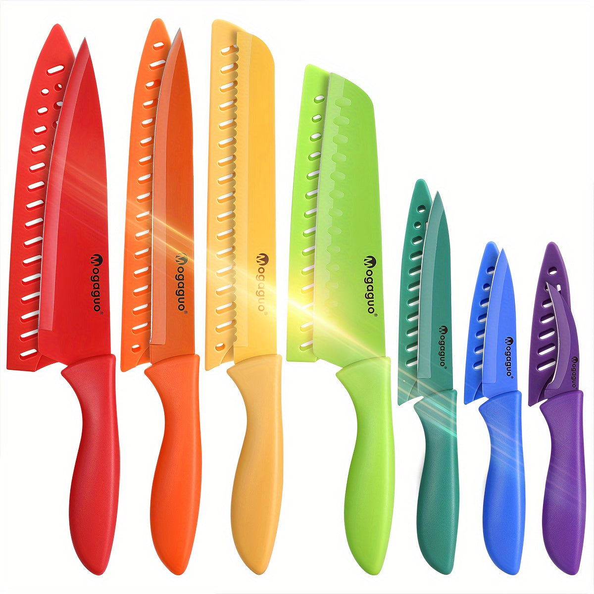 14 Piece Rainbow Kitchen Knife Set – Sharp Stainless Steel, Dishwasher Safe, Professional Knives with Sheaths and Blade Guards, Non-Stick