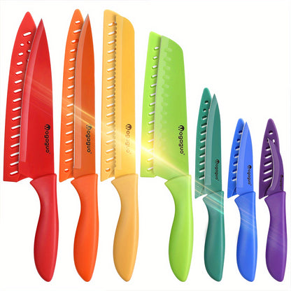 14 Piece Rainbow Kitchen Knife Set – Sharp Stainless Steel, Dishwasher Safe, Professional Knives with Sheaths and Blade Guards, Non-Stick