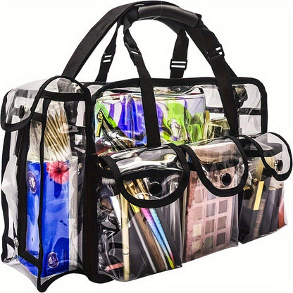 Professional Large Capacity Transparent PVC Makeup Organizer – Waterproof Cosmetic Bag with 6 Pockets and Adjustable Shoulder Strap, Travel-Friendly for MUA and Artists